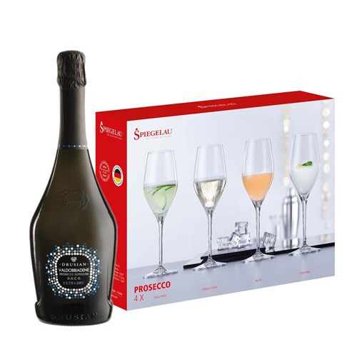 Drusian Valdobbiadene Prosecco Superiore D.O.C.G. Extra Dry 75cl With A Set Of 4 Spiegelau Prosecco Glasses